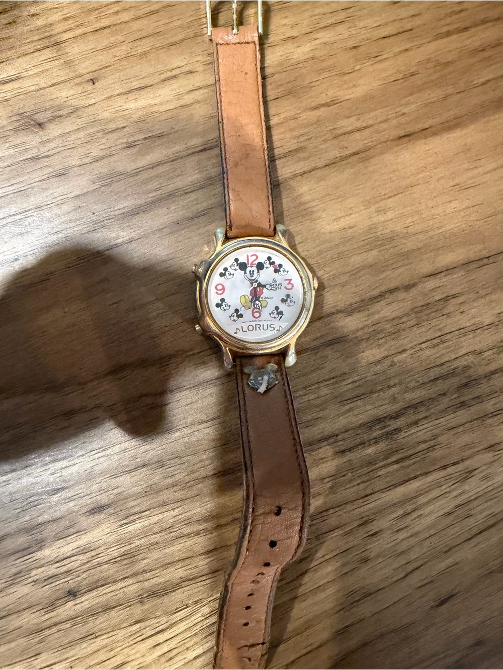 Lorus Mickey Mouse Gold Tone Watch with Brown Leather Strap